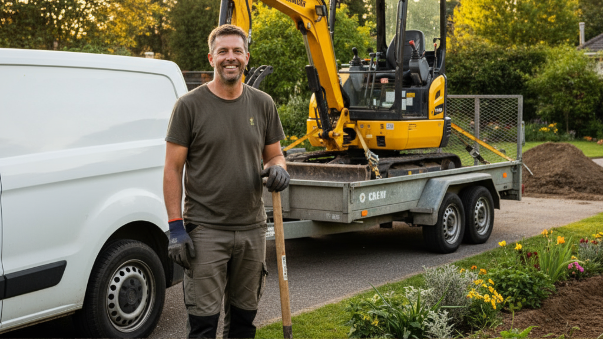 Foto hovenier met bus en graafmachine v2