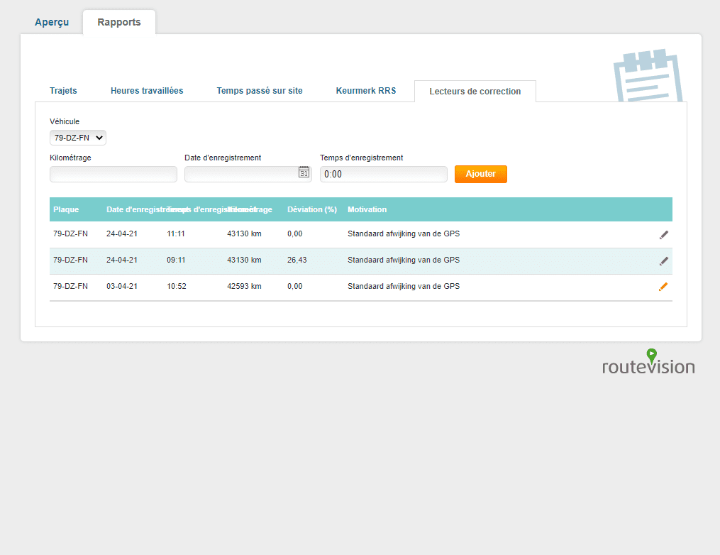Routevision app monitor schermopname rapporten correctie ritten frans