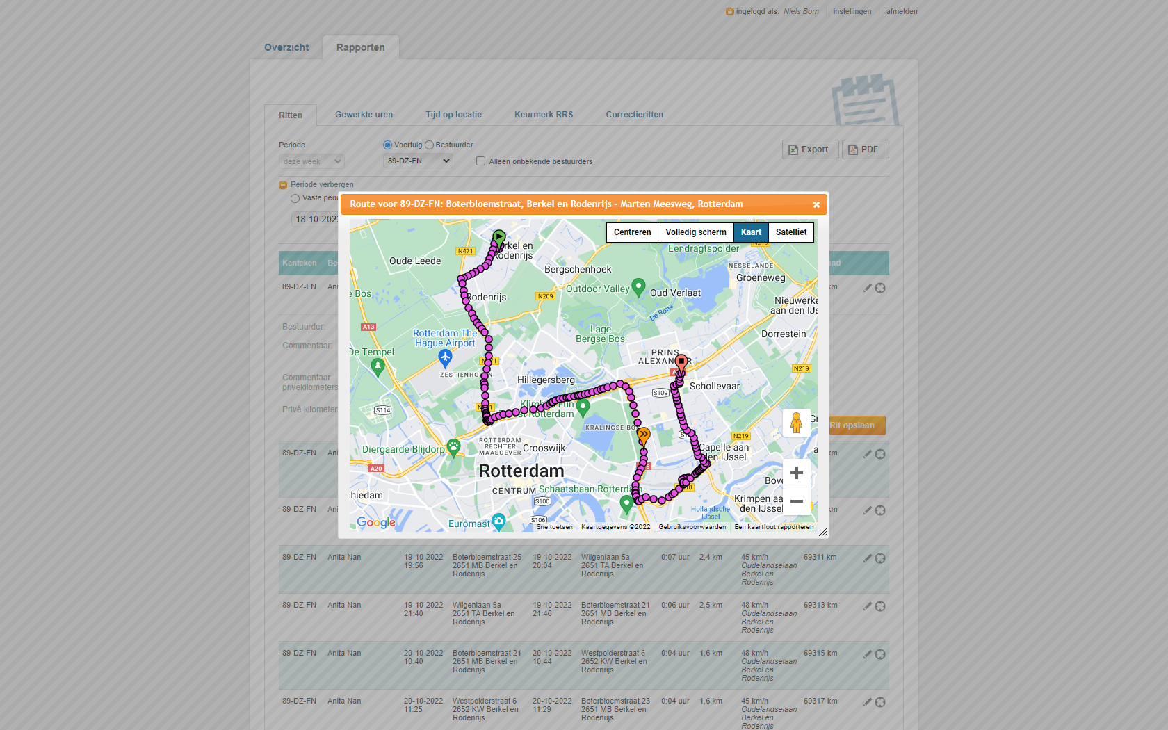 Routevision portaal - rapport rit bekijken