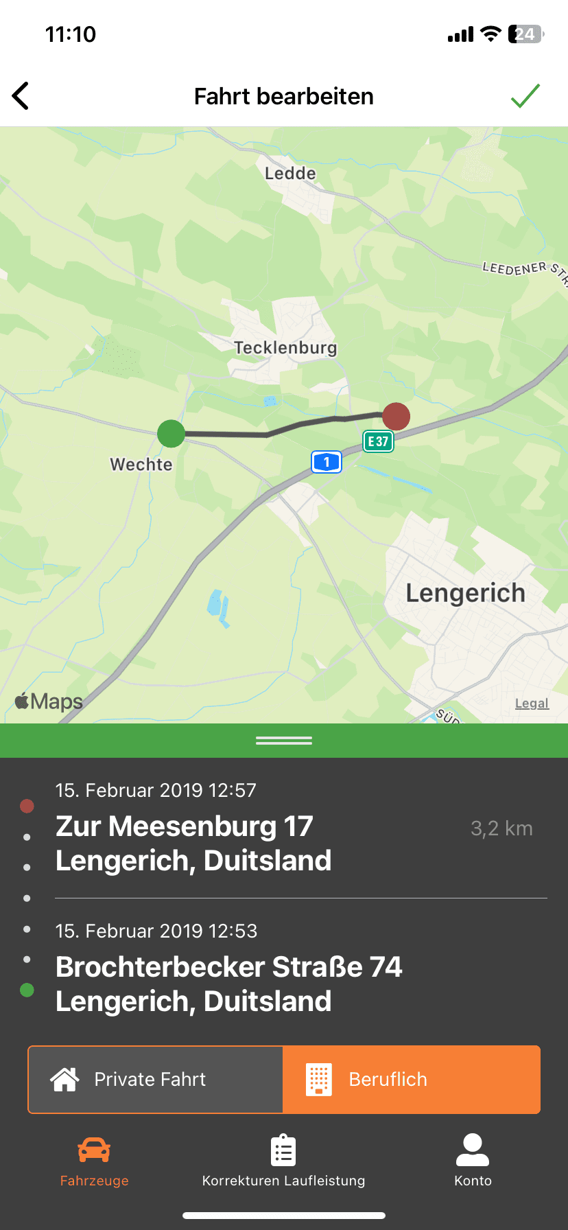 Routevision rittenregistratie app - route duits